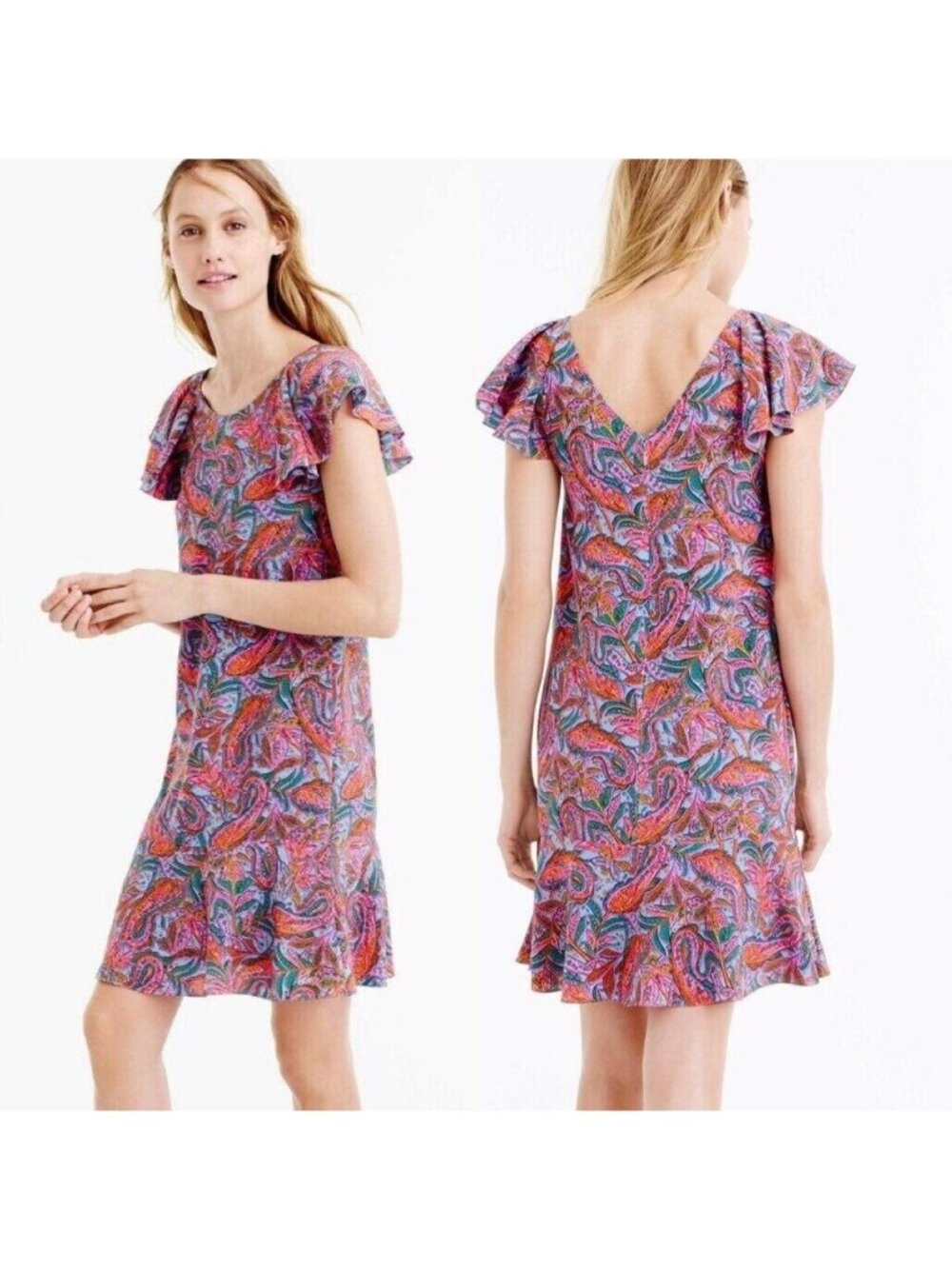 J Crew Dress Womens sz 8 Shift Colorful Vibrant Paisley Silk Knee Flutter